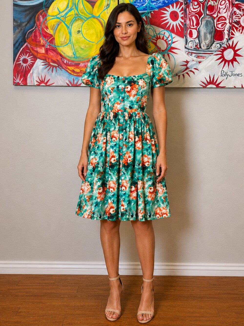 Dolores Promesas Earth Floral Fit & Flare Dress Puff Sleeve Spain